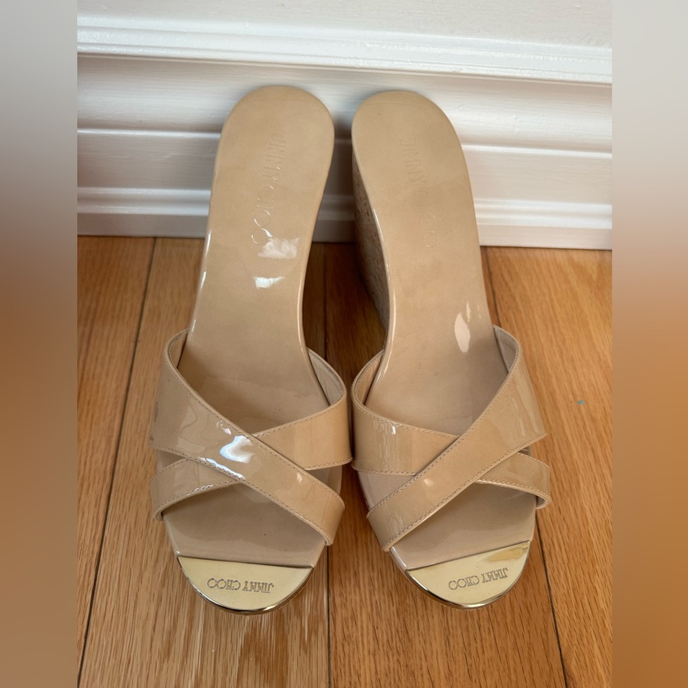 JIMMY CHOO patent wedge sandals